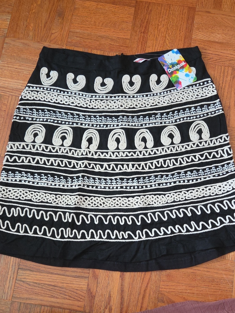 Desigual Black Skirt with White Embroidered Trim